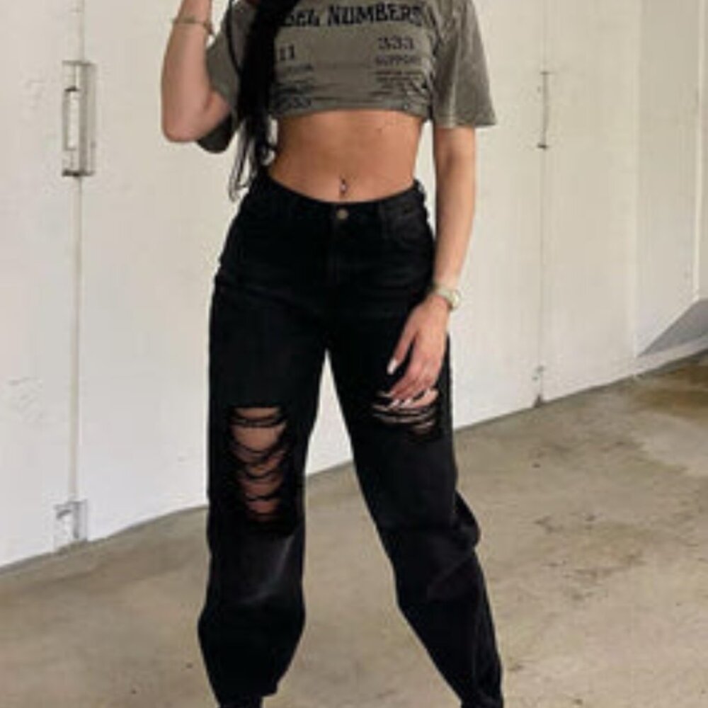 Everywhere You Go Ripped Mom Jeans - Black